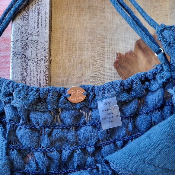 Free People Navy Blue Adella Lace Smocked Back Ruffle Hem Maxi Slip Dress Small - Picture 11 of 11